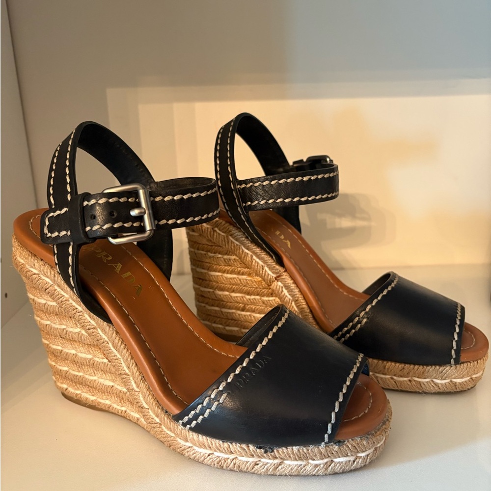 Prada Black Wedge espadrille raffia sandals